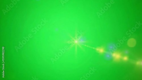 Bright lens flares and bokeh effects shimmer against a vibrant green backdrop element