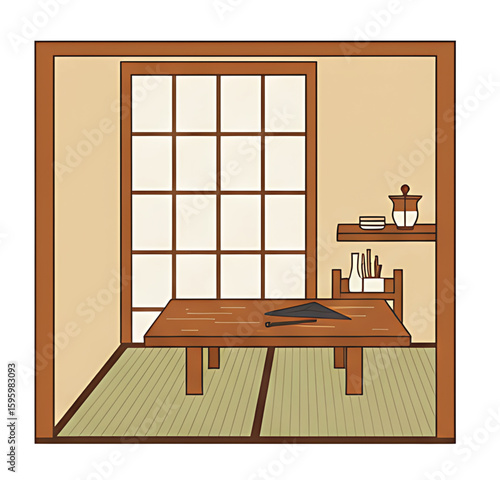 Tranquil Japanese tea room interior with low table, tatami mats, and shoji screen.