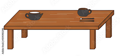 A wooden table with two cups and two sticks.
