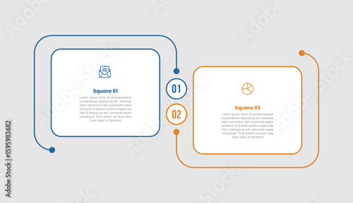 square shape base infographic diagram with round box with circle connection unbalance up and down with 2 step for slide presentation