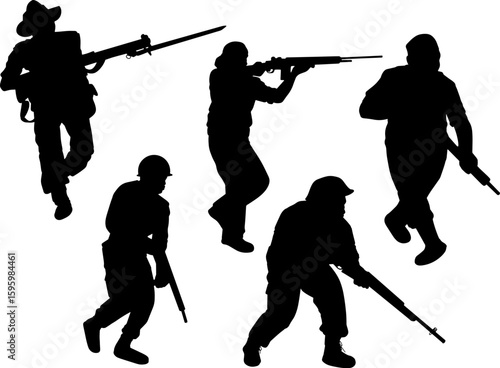 Black silhouette of Indonesian soldiers Icon of a military man with a weapon. Image of an isolated fighter.