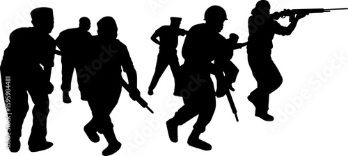 Silhouette group of soldiers in battlefield. Perfect for Independence Day designs, posters, banners, and commemorative materials.