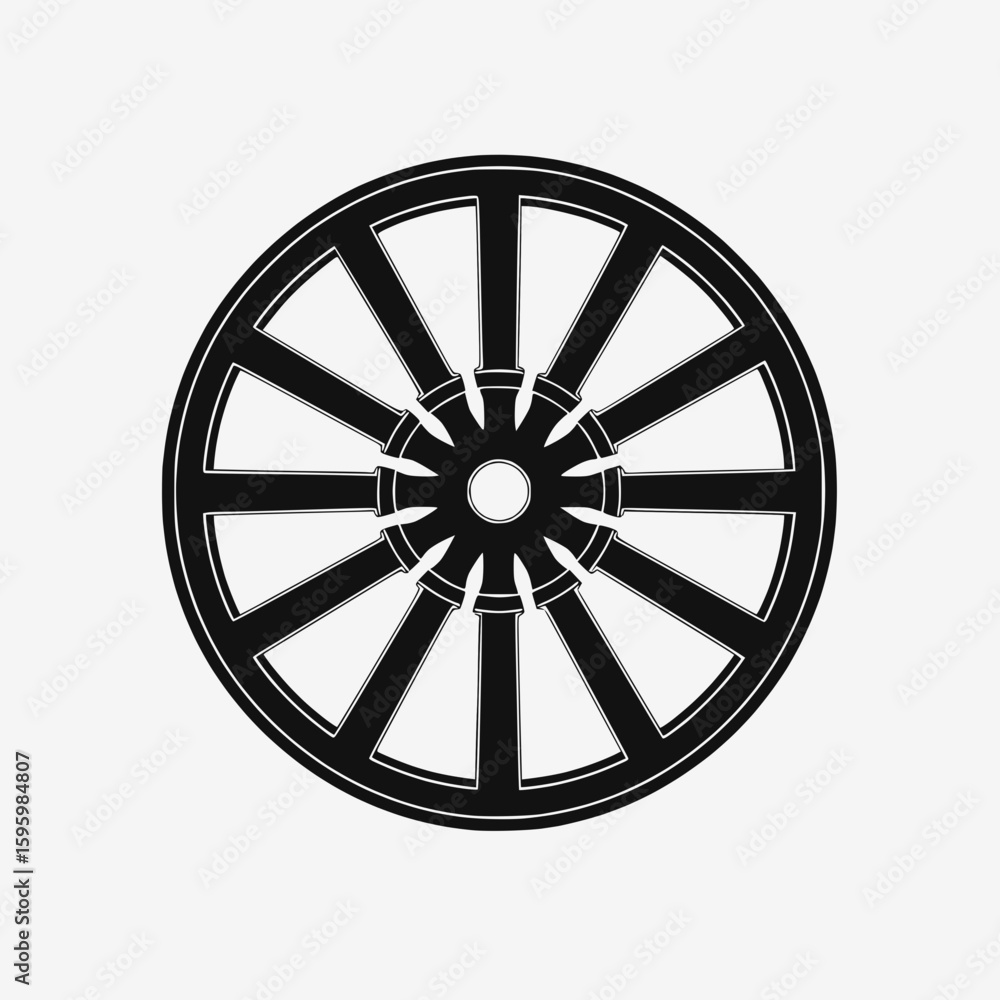 Obraz premium Solid black Buddhist wheel mandala with eight radial segments, spiritual symbol white canvas