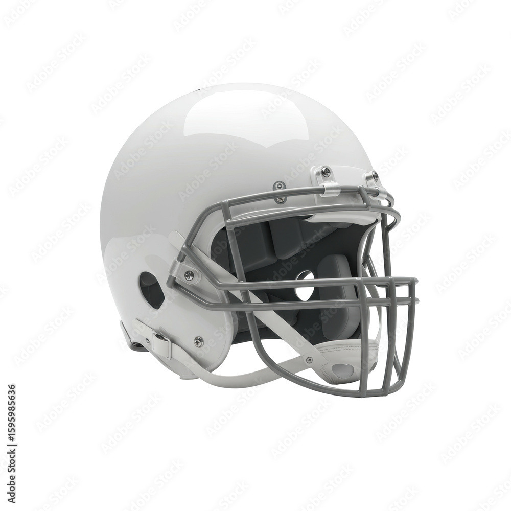 Fototapeta premium A brand-new, classic american football helmet with a polished hard plastic shell, multi-bar metal facemask, and padded chinstrap, on a pure, seamless, transparent background with controlled studio