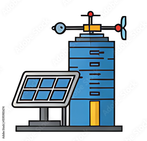 Illustration of a weather station with a solar panel, featuring a blue tower and an anemometer.
