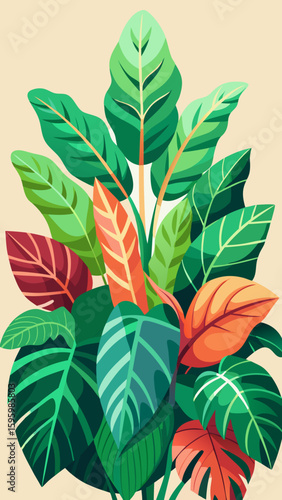 Vibrant illustration of lush tropical foliage with diverse green and colorful leaves against a light backdrop