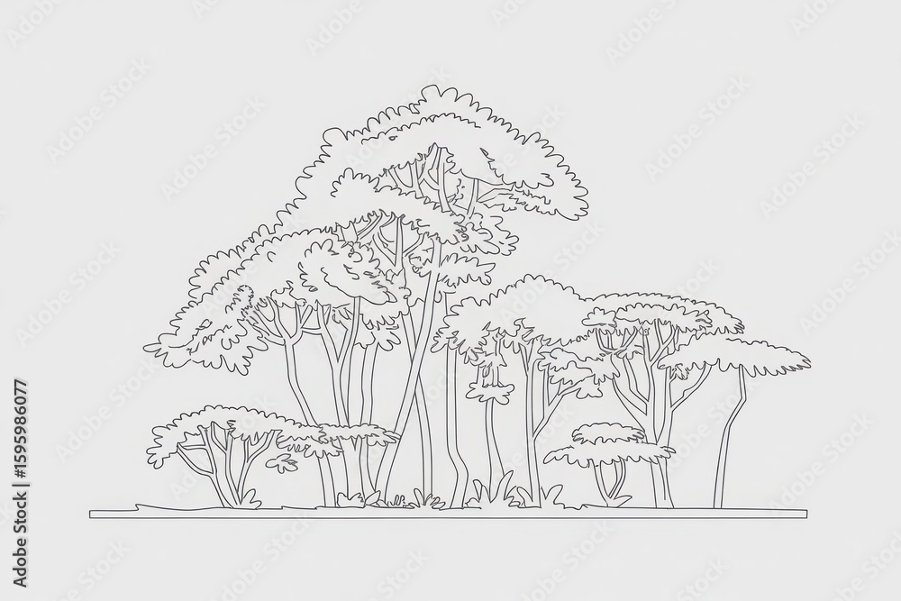 Obraz premium Monochrome Line Drawing of a Dense Forest Landscape