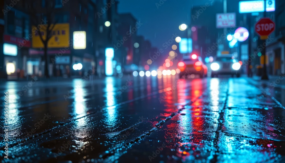 Fototapeta premium Rainy city street at night with cars, reflections, and neon lights in urban downtown nightlife scene