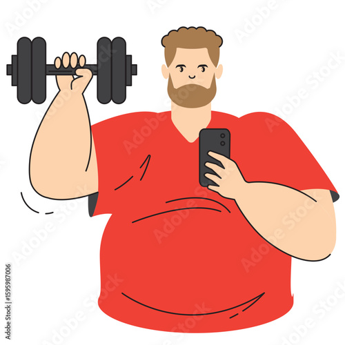 plus size men weight lifting dumbbell selfies illustration