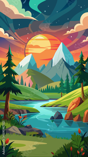 Vibrant sunset paints the sky over a serene mountain lake surrounded by pine trees and rolling hills