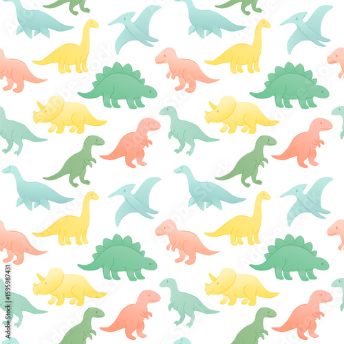 Colorful cartoon dinosaurs in various shapes and sizes on a white background. Includes T-Rex, stegosaurus, and brontosaurus in pastel colors.
