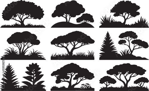 Diverse Tree Silhouettes Against White Background trees black
