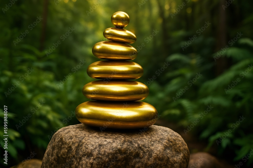 Obraz premium Golden balancing stones resting on rock in peaceful forest
