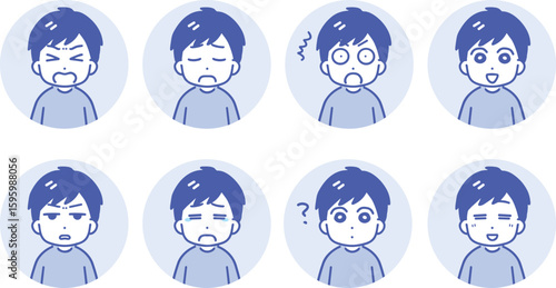 若い男性のいろんな表情の丸いアイコンのセット(線画・上半身)	