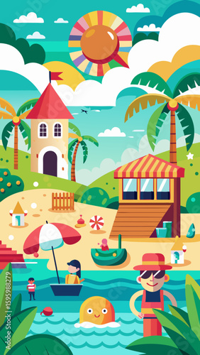 Vibrant cartoon illustration of a lively tropical beach scene with people enjoying summer vacation activities