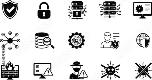 Dynamic Cybersecurity and Digital Threat Icons Set: Featuring Shields, Servers, Malware, and Hackers for Network Protection Concepts.