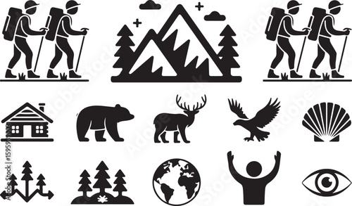 Hikers mountains cabin bear deer eagle shell trees globe person eye hiking