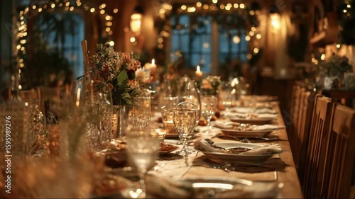 Elegant dinner table setting with candles and flowers in warm ambiance  