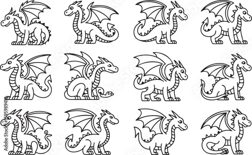 Twelve cartoon dragons with wings and spikes fantasy mythical