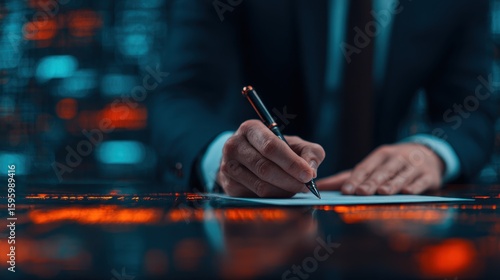 Fintech Concepts, A business professional signing documents in a modern, illuminated environment.