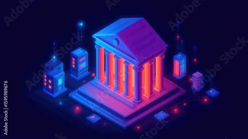 Fintech Concepts, Futuristic illustration of a building with columns, surrounded by modern structures and glowing elements.