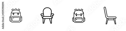 SVG set of cut-out backpack and chair icons on transparent background