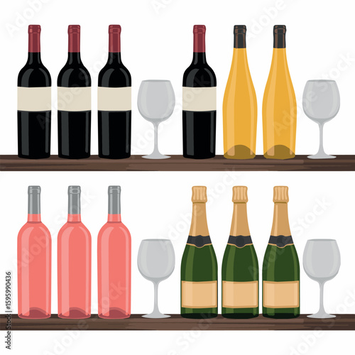 Clean and modern vector  wine bottles glasses red white rose champagne collection on wooden shelf cellar alcohol beverage celebration 100