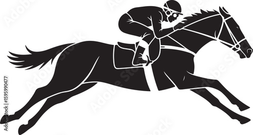 Black silhouette of a jockey riding a galloping horse racing sport