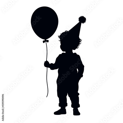 Silhouette of a toddler wearing party hat holding balloon, black and white illustration, birthday celebration concept