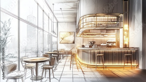 Modern cafe design with sketch overlay.