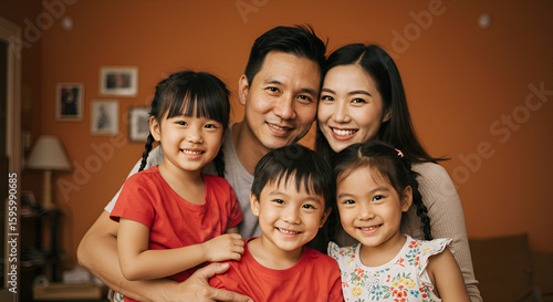 Portrait of a happy asian family smiling together at home showcasing unity and togetherness