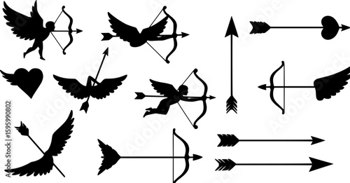 set of A black and white silhouette vector of a cupid's arrow.. on white background