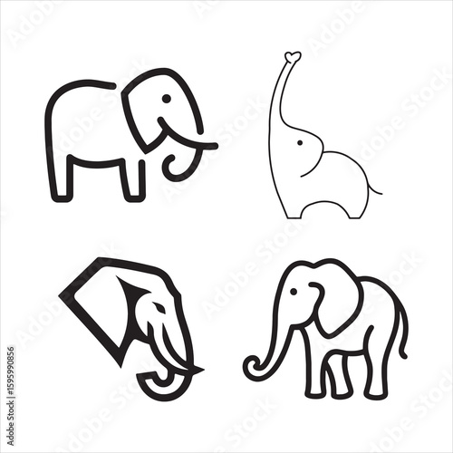 Collection of four simple line art illustrations of elephants in various poses