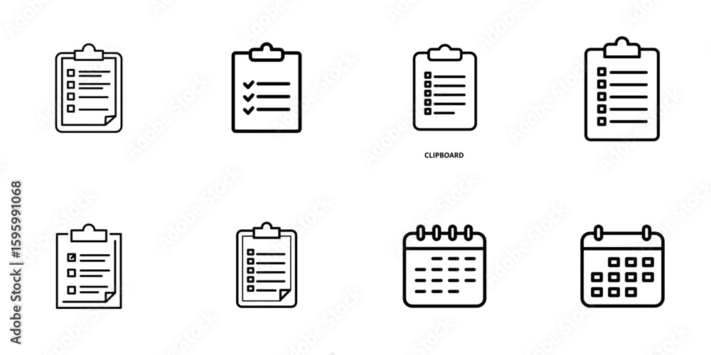 SVG set of cut-out clipboard, checklist, and calendar icons SVG set of cut-out clipboard, checklist, and calendar icons