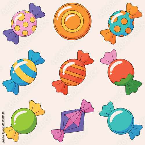 Clean and modern vector  colorful candy assortment sweet treats confectionery sugar dessert wrappers hard candy lollipop assortment 100