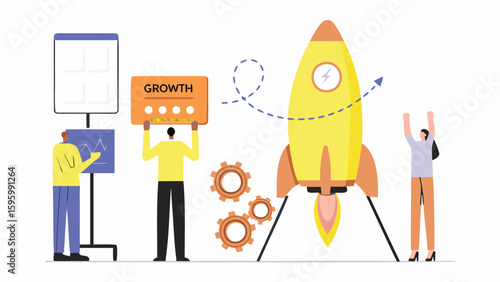 Team launching a rocket with growth chart and gears symbolizing business success and development plan