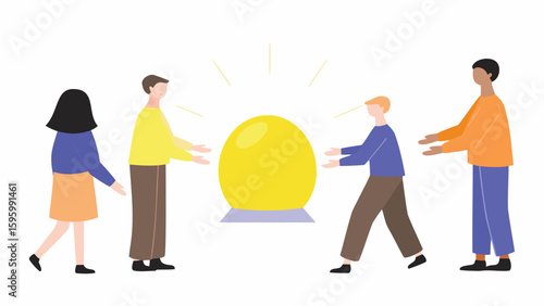 Group of people reaching for a glowing orb in the center with bright light rays emanating from it