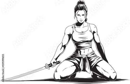 Muscular woman kneeling with katana sword in black and white female warrior