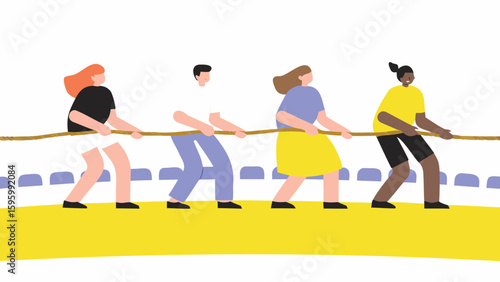 Diverse group of people pulling a rope in a tug of war competition on a yellow and white background