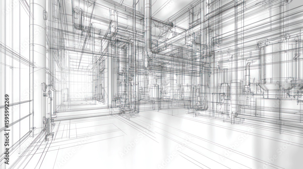 Architectural blueprint of an industrial interior space. Architectural blueprint of an industrial interior space.