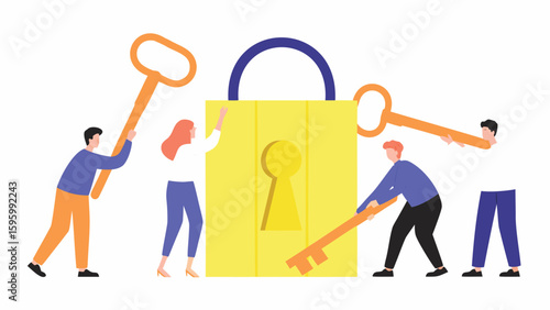 People working together to unlock a large yellow padlock with orange keys in a collaborative effort