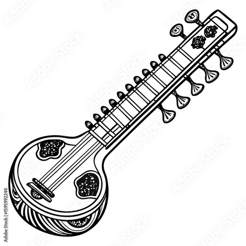 Vector Illustration of Traditional Indian Sitar Isolated on White Background