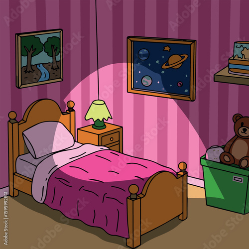 Clean and modern vector  illustration of bedroom interior with bed, nightstand, lamp, artwork and pink striped wallpaper design