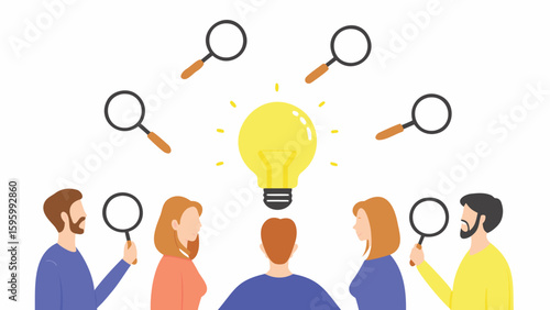People looking at a lightbulb with magnifying glasses symbolizing searching for a bright idea and inspiration