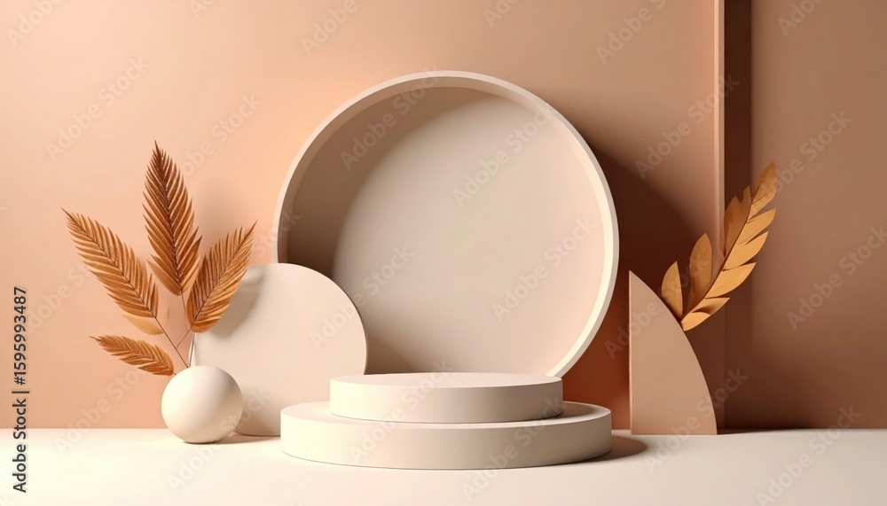 Fototapeta premium Stylish minimalist display of contemporary plates and decor modern interior still life photography warm tones artistic concept