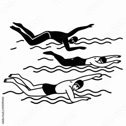 Illustration depicting three swimmers in different styles swimming through wavy water in black and white style