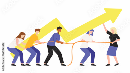 Team pulling rope to raise a yellow arrow depicting business growth and success with collaboration