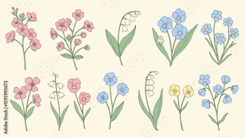 Set of Cute Hand Drawn Spring Flowers: Lily of the Valley, Forget-Me-Not, and Pink Blossoms