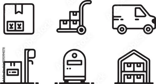 Delivery and Shipping Icons Representing Logistics and Transportation Services in a Minimalist Black and White Line Art Style for Website or App Design
