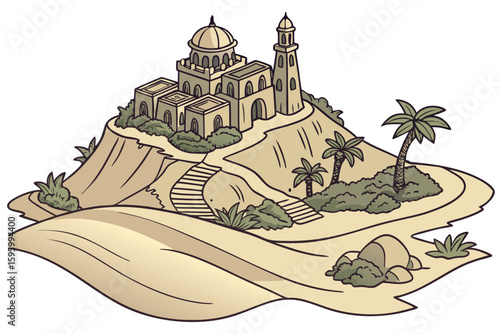 Vector art of a cartoon drawing of a desert castle oasis with palm trees on a sandy hill